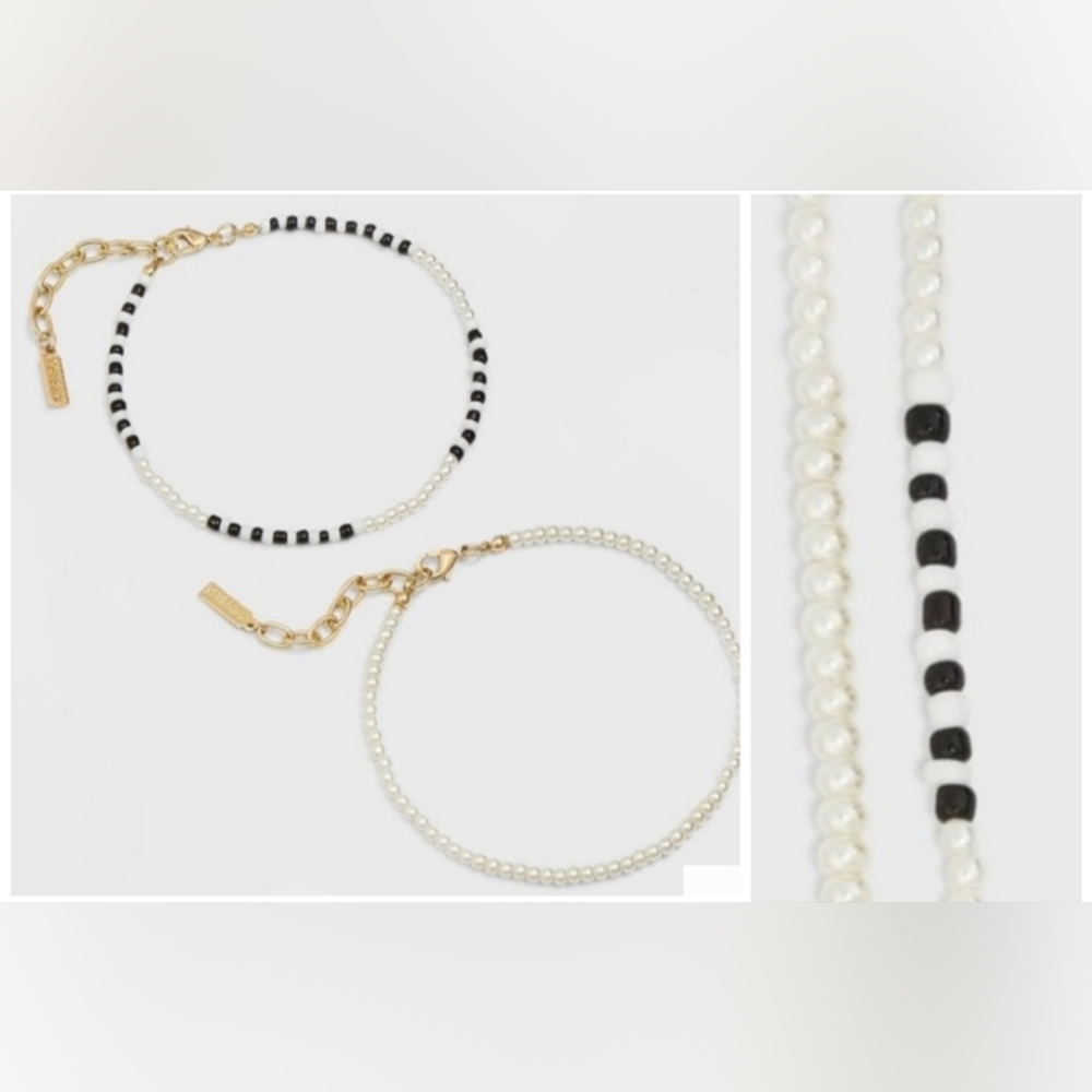 🍎New 2pc Baublebar Sugarfix Faux Pearl Beaded Mixed Media Gold Stack Anklets